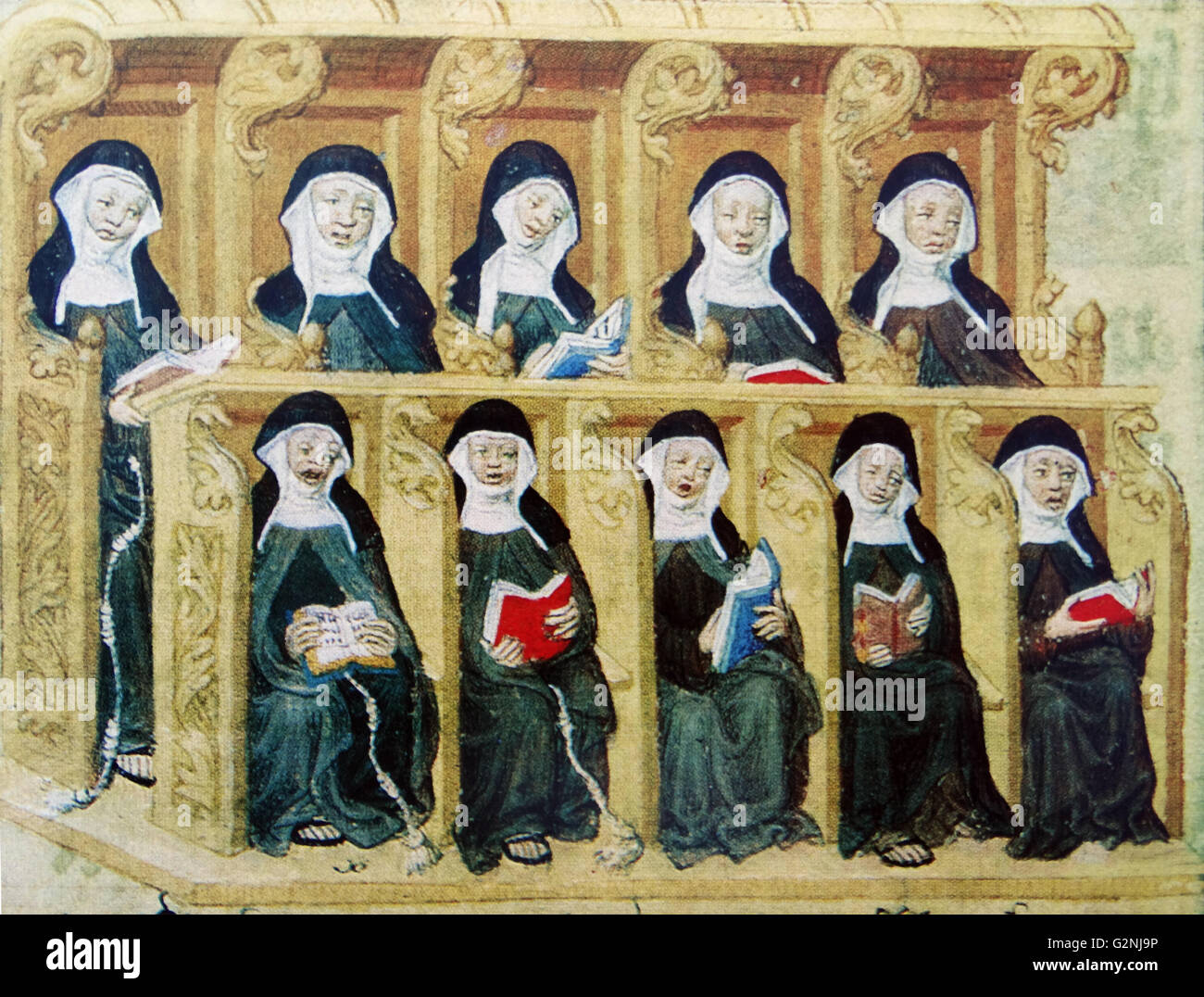 Fresko der Klarissen im Chor. Nonnen waren nicht zu erwarten, wie die Mönche erzogen zu werden. Sie würden ihre missals als Referenz während der Mönche merken Würde der Liturgie. Vom 10. Jahrhundert Stockfoto