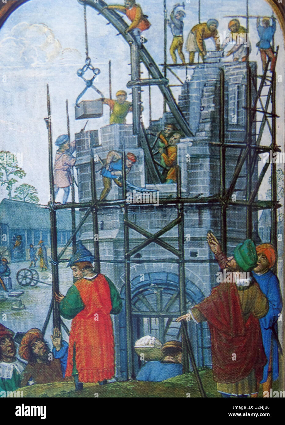 Abbildung kann von einem flämischen Stundenbuch, das den Bau einer Steinstruktur. Auf der linken Seite sehen Sie die Wasserwaage Lodge, die ursprünglich war eine einfache Unterkunft für alle, die Schneiden von Steinen. Der Kran in der Abbildung wird von Hand betrieben, mit zusammen gebunden, Gerüste mit Tangas und fest in der Wand. Vom 15. Jahrhundert Stockfoto