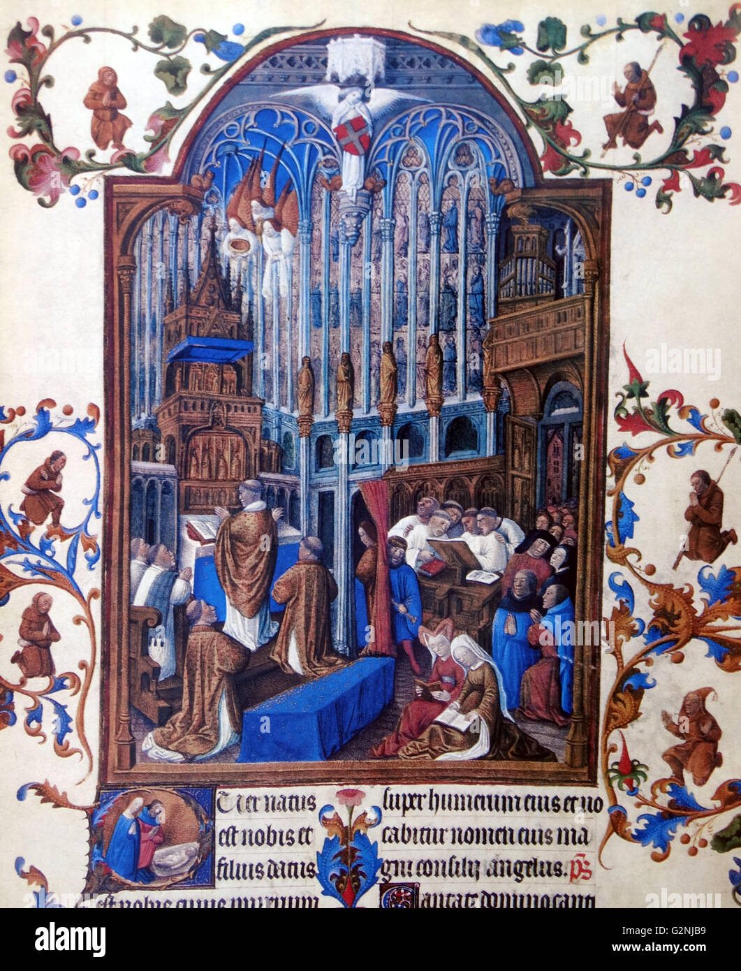 Miniatur aus Très Riches Heures du Duc de Berry, gemalt von Jean Colombe (1430-1493); eine französische Miniaturmaler und Strahler von Manuskripten. Lackiert für Karl I. von Savoyen, die Christmette in der Charles's Kapelle zeigt in Chambery. In der ersten unten ist die Krippe, und in der blumenschmuck sind die Hirten anbeten. Vom 15. Jahrhundert Stockfoto