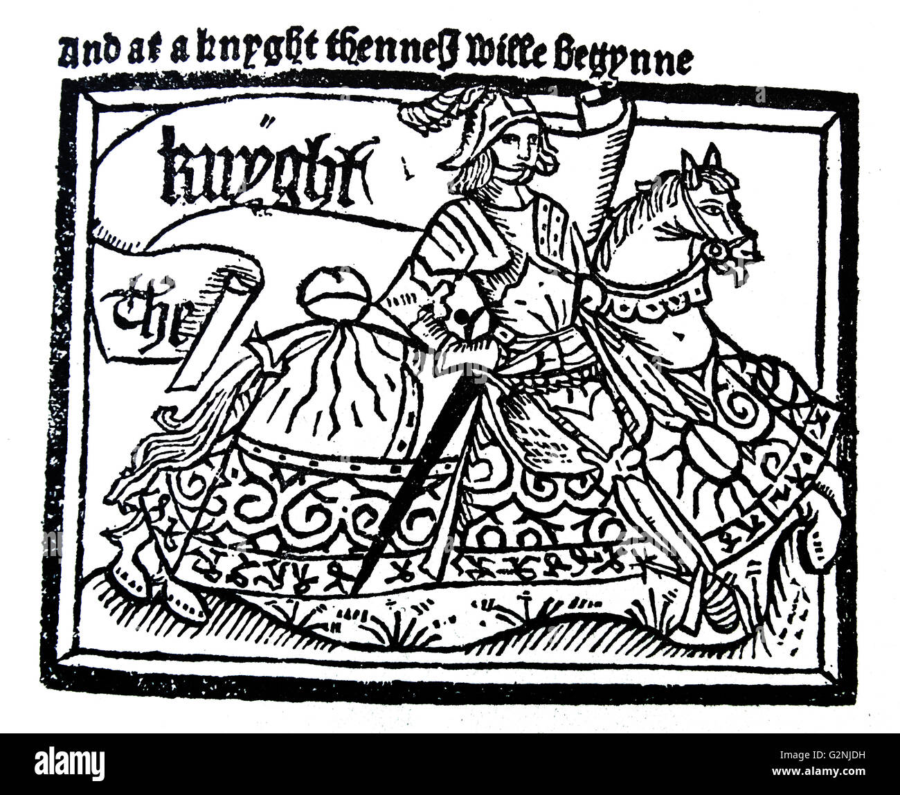 Eine Zeichnung des Chaucer Ritter, aus den Canterbury Tales' Geschichte vom Ritter". Der Ritter aus Leidenschaft, ist das erste Märchen von Geoffrey Chaucer die Canterbury Tales. Die Geschichte führt verschiedene typische Aspekte der Orden wie die höfische Liebe und ethische Dilemmata. Vom 14. Jahrhundert Stockfoto