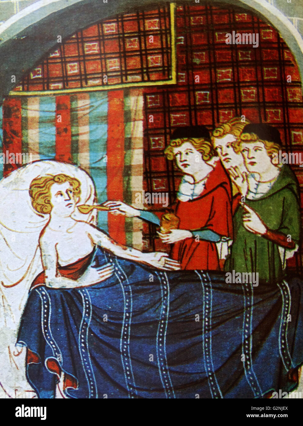 Miniatur aus einer französischen Chronik Darstellung ärzte Verwaltung Medizin zu einer kränkelnden König. Vom 14. Jahrhundert Stockfoto