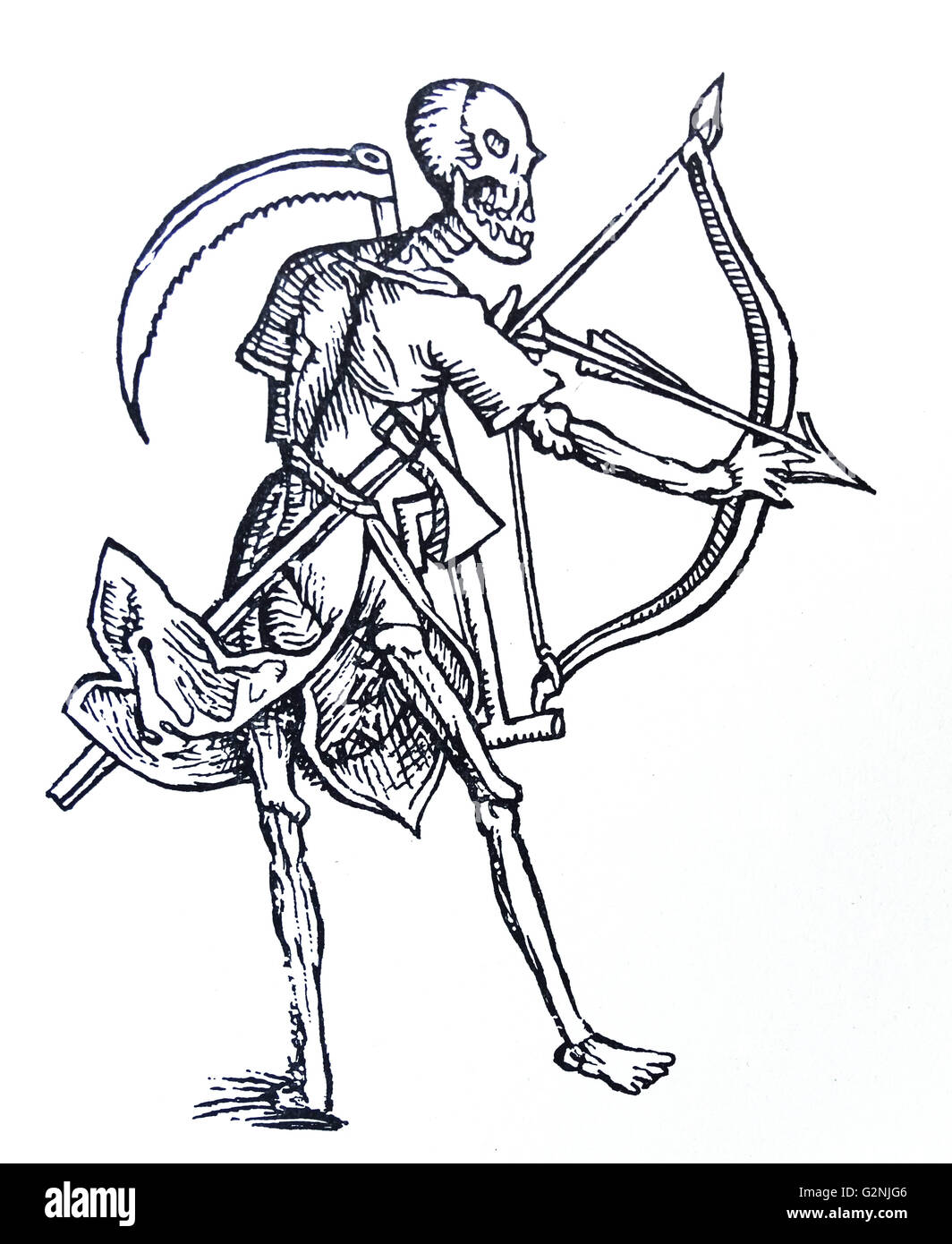 Mittelalterliche Zeichnung des Todes mit einem Bogen und Sense. Vom 13. Jahrhundert Stockfoto