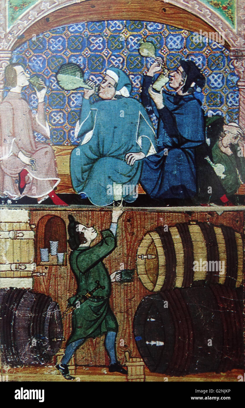 Miniatur, städtischen Mittelalterlichen Lebens. Die Miniatur zeigt das Innere einer Taverne in Genua. Der obere Bereich zeigt die Gäste Trinkgelagen, während im unteren Bereich sind Fässer oder Rot- und Weißwein. Vom 14. Jahrhundert Stockfoto