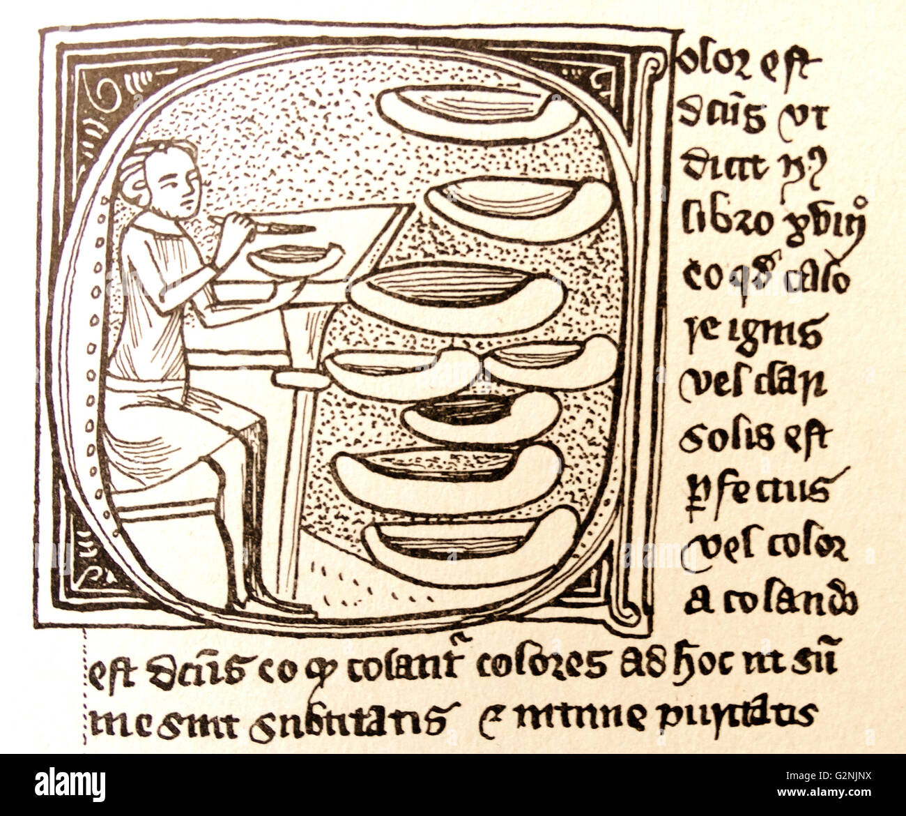 Manuskript eines Künstlers Mischen von Lacken. Der Text bezieht sich auf die Etymologie des Wortes Farbe, mit Appellen an die Autorität des Aristoteles. Vom 14. Jahrhundert Stockfoto