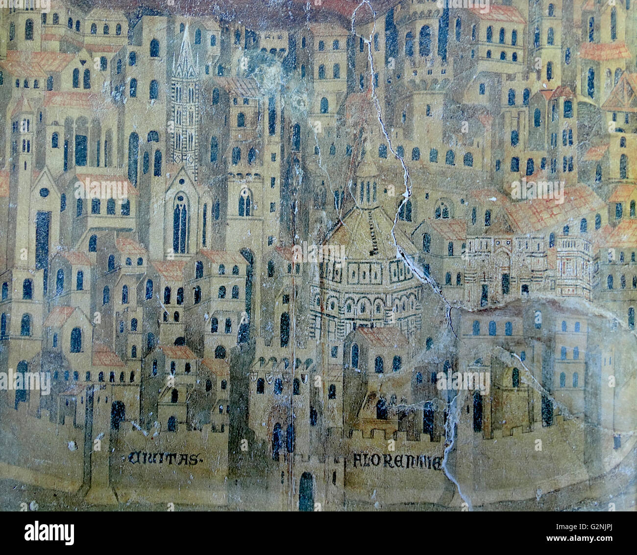 Fresko der Stadt Florenz. Das achteckige Baptisterium in der Mitte der Turm der Badia nach links und der Palazzo Vecchio hinter sich. Vom 15. Jahrhundert Stockfoto