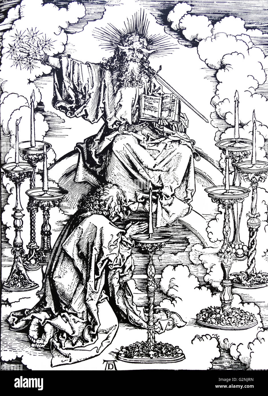 Albrecht Dürer's visuelle Interpretation von St John's Vision von Gott. Dürer war ein deutscher Maler, Kupferstecher, Grafiker, Mathematiker und Theoretiker aus Nürnberg. Vom 15. Jahrhundert Stockfoto