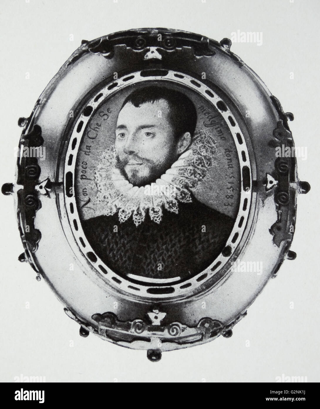 Porträt von Philipp II. (1527-1598). Philipp II., König von Spanien von 1556 und von Portugal ab 1581. Ab 1554 wurde er König von Neapel und Sizilien sowie Herzog von Mailand. Während seiner Ehe mit Queen Mary I, er auch Prince Consort in England und Irland war. Von Isaac Oliver (1565-1617) ein französisch-geboren Englisch Portrait- und Miniaturmaler. Stockfoto