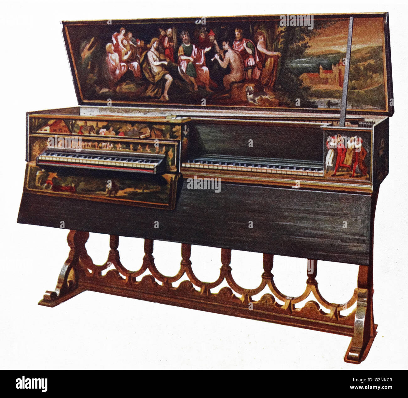 Doppel Spinett oder JUNGFRÄULICH. Dieses Instrument wurde von Hans Ruckers der Ältere von Antwerpen. Es ist 9 von 60 nummerierten - sechs bestehenden Instrumente durch die ruckers Familie. Der linken Tastatur war ein abnehmbares Teil, während die Rechte eine Befestigung war. Stockfoto
