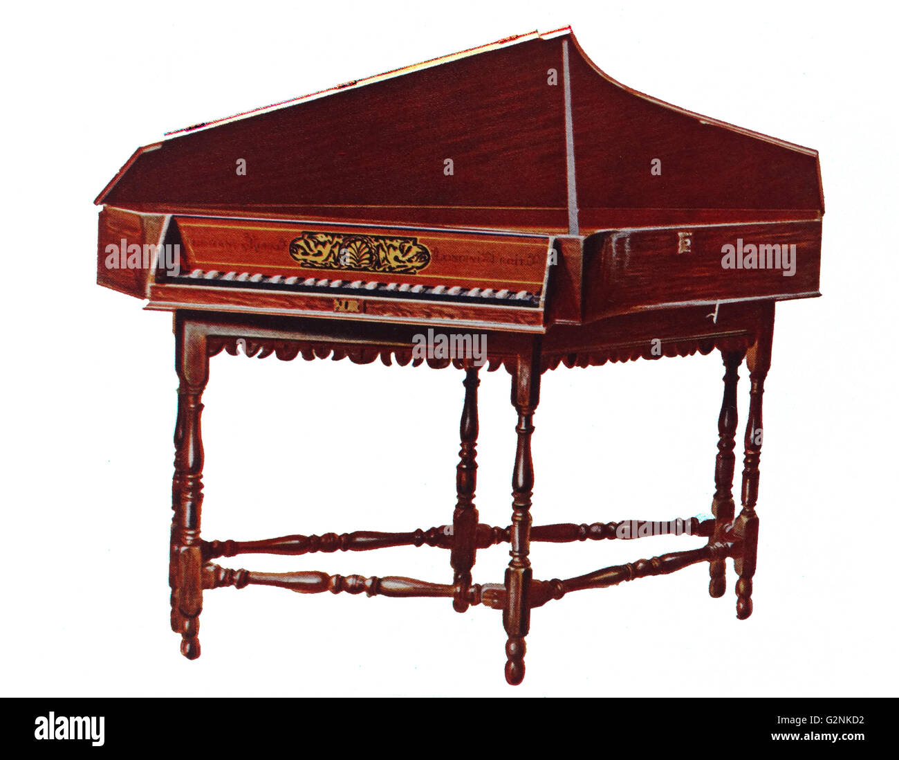 Spinett. Dieses Instrument kann man auf den ursprünglichen Stand, die in London rund um das Ende des 17. Jahrhunderts gestaltete gelegt wurde. Es ist eine transversale Spinett; ist ein Italienisches pinetta Traversa'. Stockfoto