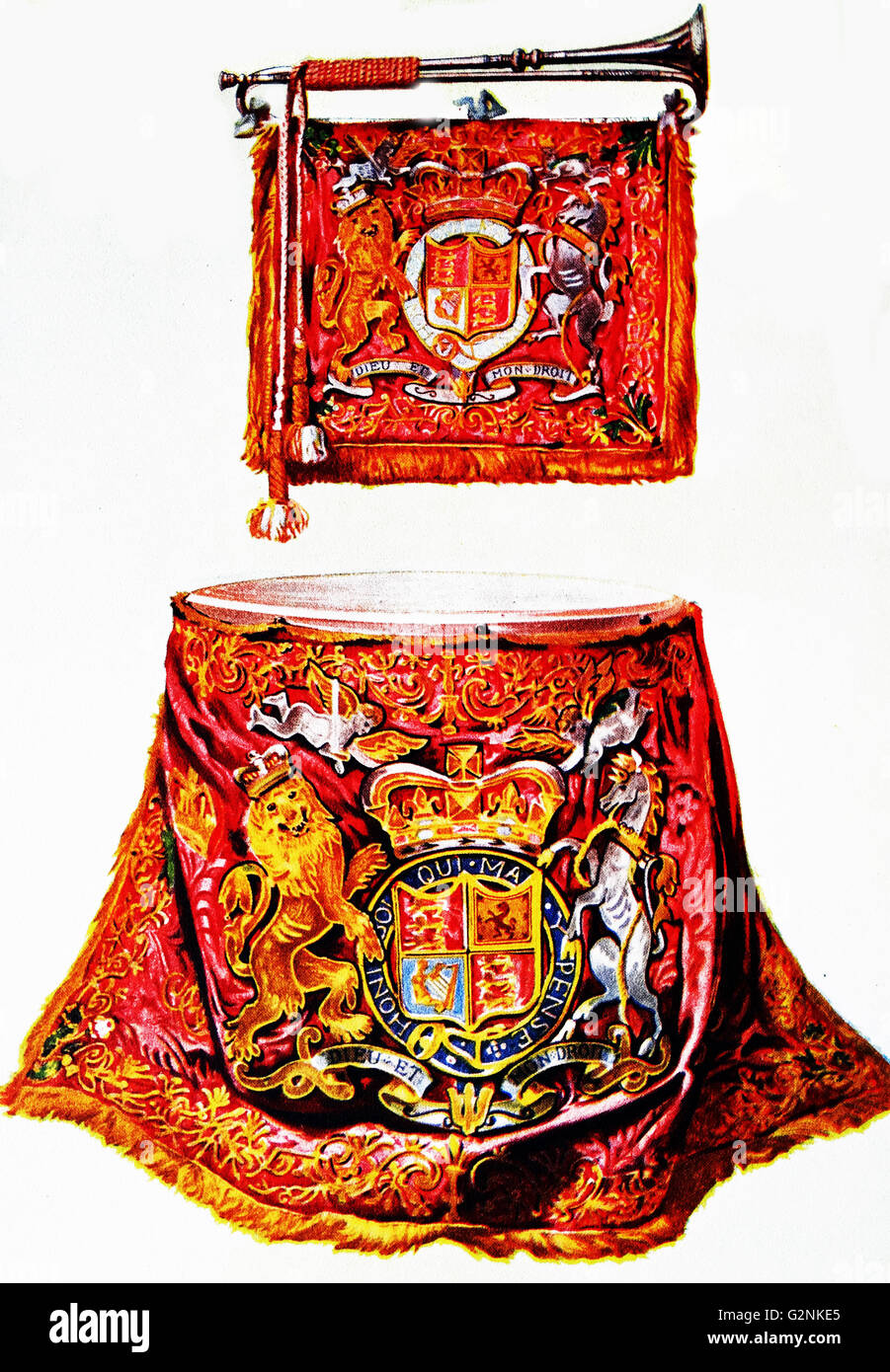 Zustand Trompete und Pauke. Diese auf Silber, Trompete und Pauke wurden mit dem bannerets der königlichen Waffen in dunkelrot und gold geschmückt und gehörte zu der Queen St. James' Palace Sammlung. Stockfoto