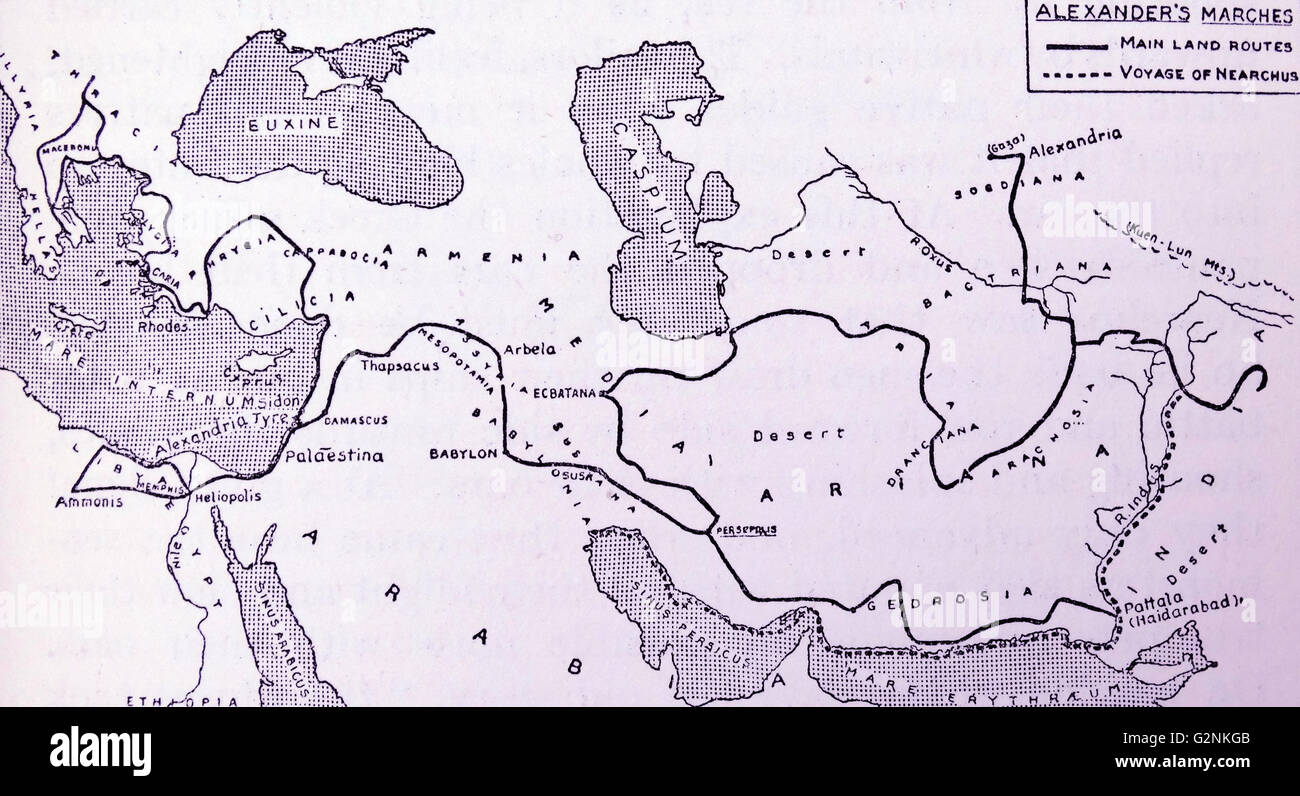 Eine Skizze - Karte von Chief explorative Alexander's Märsche von Athen nach Hyderabad und Gaza. Die gestrichelte Linie zeigt den Verlauf von Nearchus' Reise auf dem Fluss Indus, entlang der nördlichen Küste des Indischen Ozean und den Persischen Golf zu Babylonien. Stockfoto