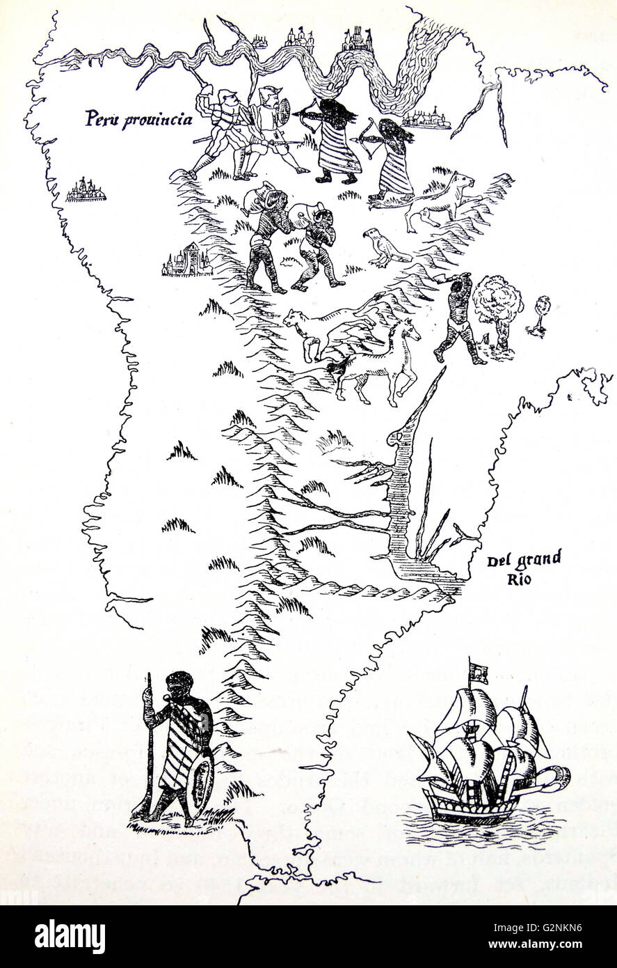 Peru und Südamerika. Von der Karte der Welt von 1544, die in der Regel mit Sebastian Cabot zugeschrieben. An der Spitze liegt der Fluss Amazonas, von Orellana im Jahre 1541 entdeckt. Stockfoto