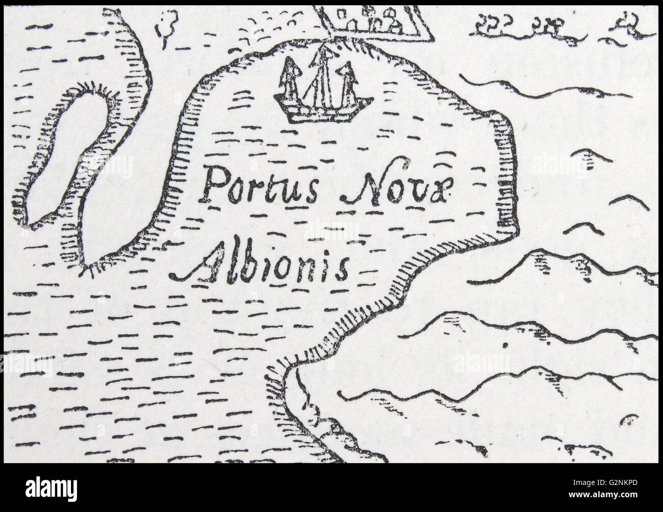 Die Golden Hind in New Albion. Aus dem Diagramm der Drake's Reisen, 1589. Stockfoto