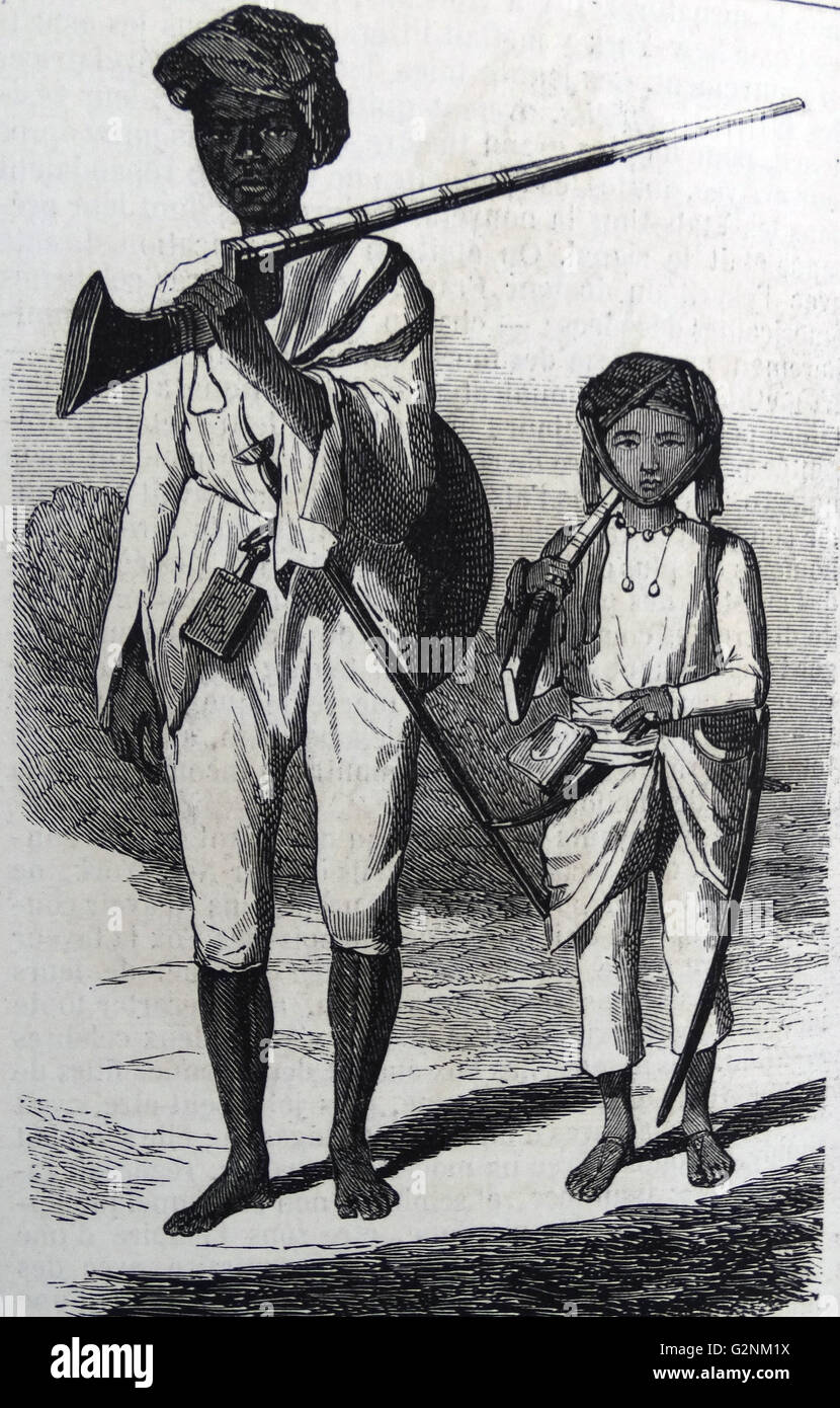 Afrikanischer Soldat mit einer arabischen jungen, 1860-Illustration Stockfoto