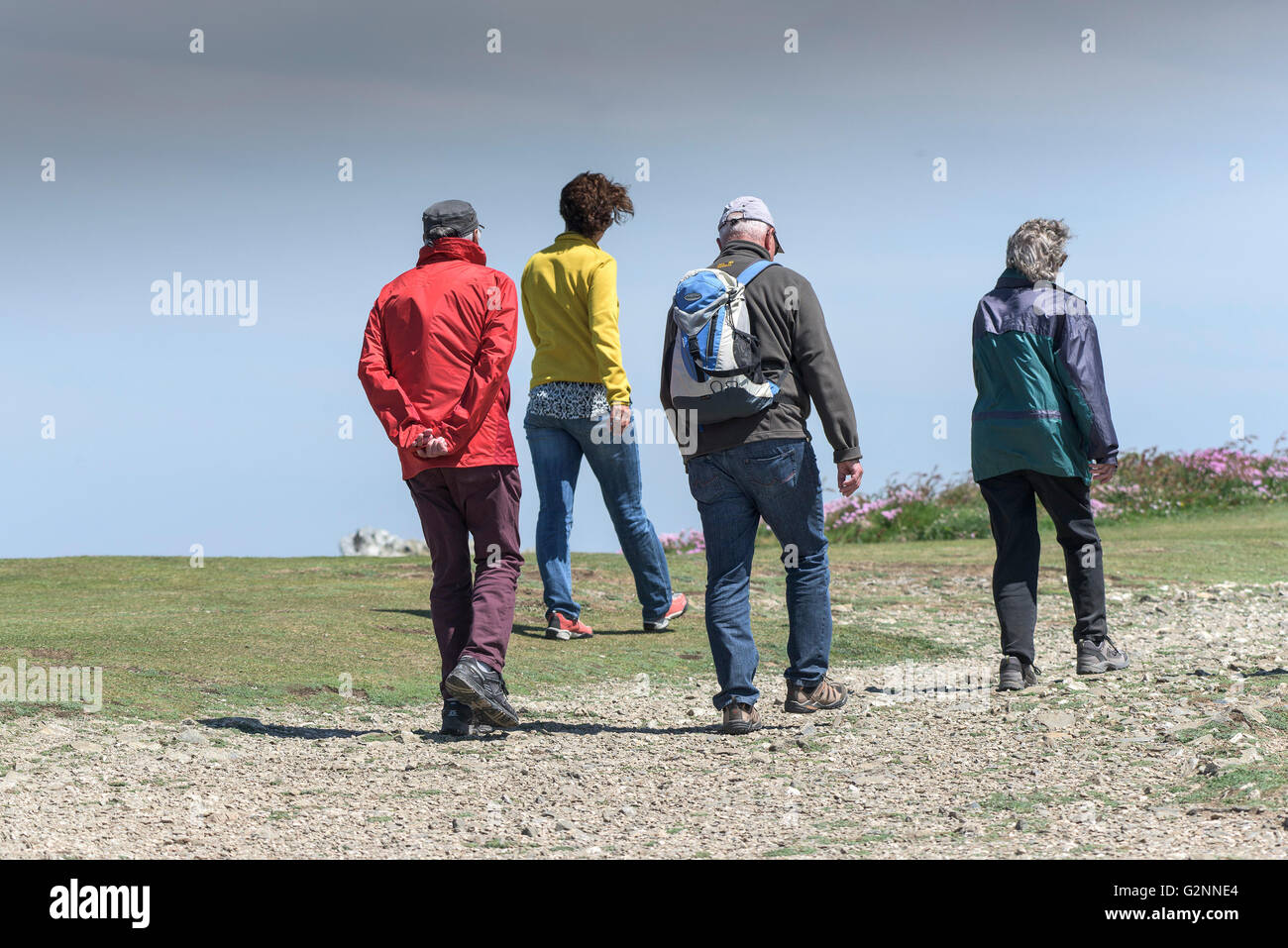 Sonniges Wetter, als eine Gruppe von Wanderern genießen Osten Pentire Landzunge in Newquay, Cornwall. Stockfoto