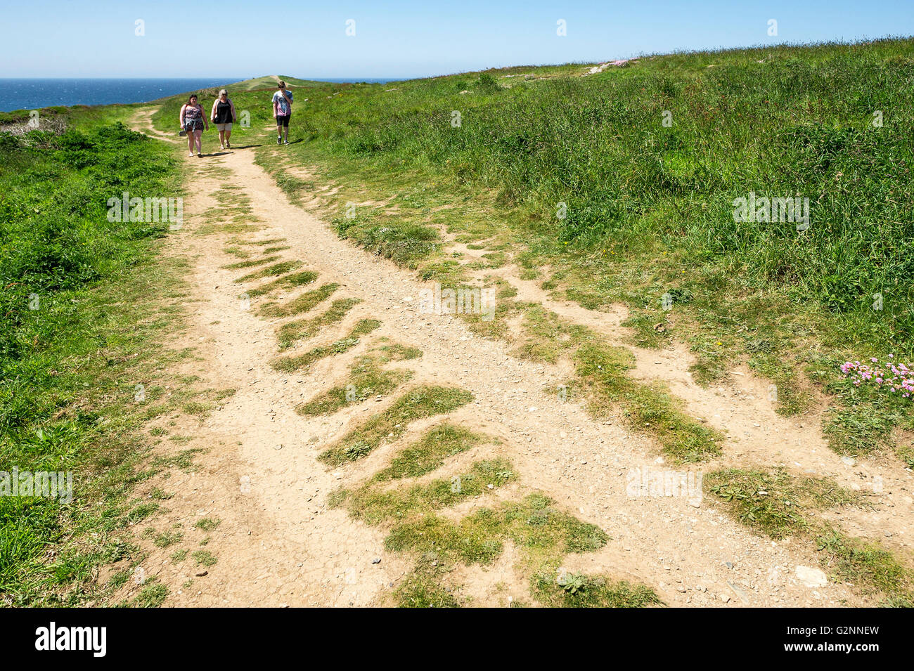 Die Menschen gehen auf einem Weg im Osten Pentire Landzunge in Newquay, Cornwall. Stockfoto