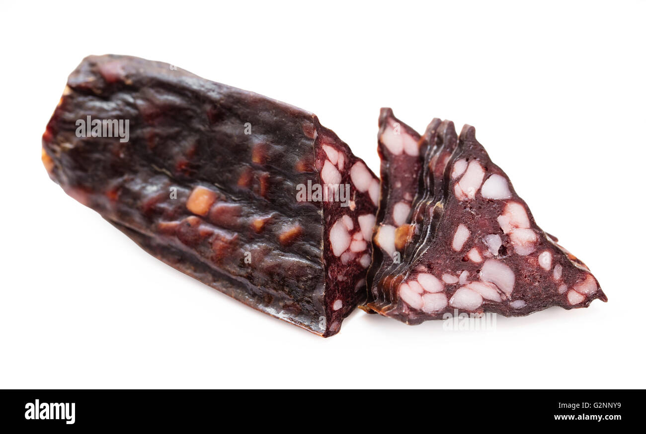 Riss Wurstscheiben isoliert auf weißem Hintergrund Stockfoto