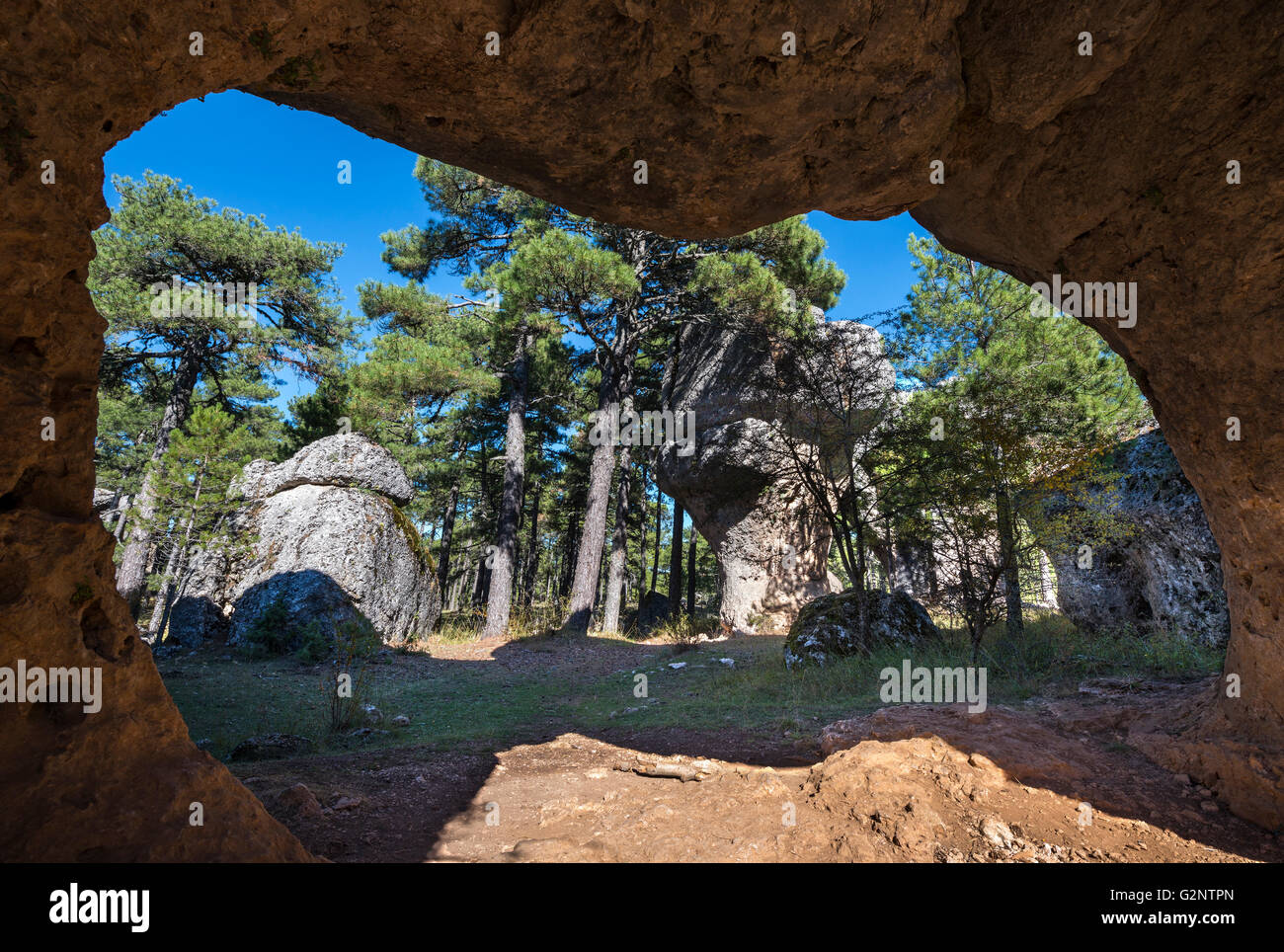 Erodierte Kalksteinfelsen in La Ciudad Encantada, die verzauberte Stadt, Park, Serrania de Cuenca, Castilla-la Mancha, Spanien Stockfoto