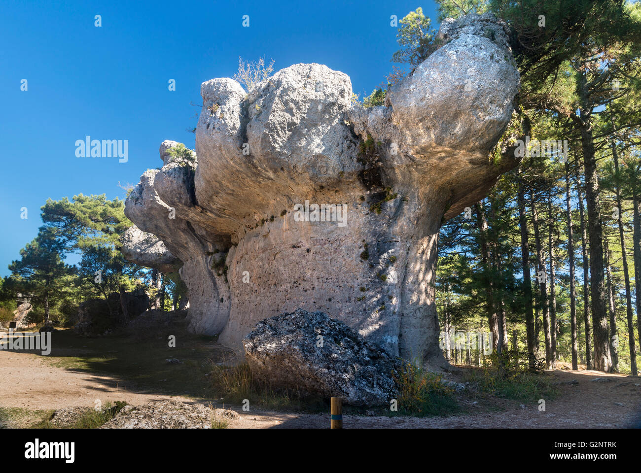 Erodierte Kalksteinfelsen in La Ciudad Encantada, die verzauberte Stadt, Park, Serrania de Cuenca, Castilla-la Mancha, Spanien Stockfoto