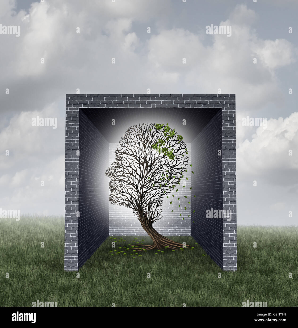 Emotionalen Mauern psychologischen Konzept als Baum geformt, wie ein menschlicher Kopf verlieren als Metapher für Gefühle und soziale Isolation Symbol mit 3D Abbildung Elemente innerhalb einer gemauerten Wandbox verlässt. Stockfoto