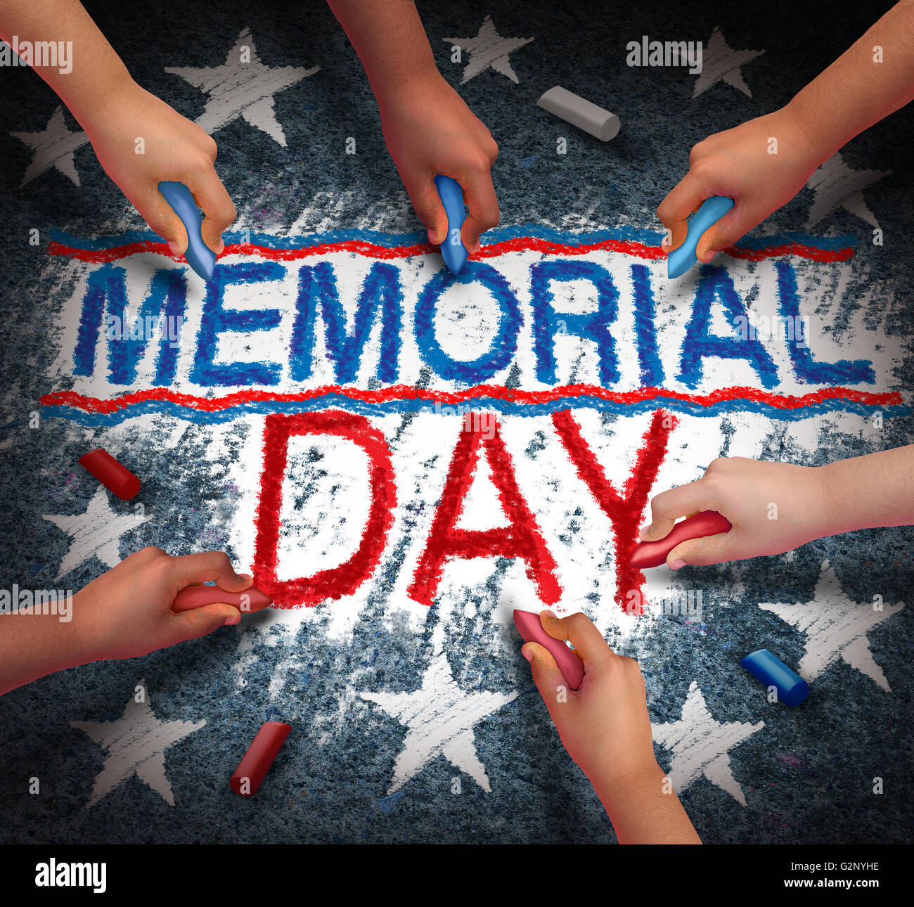 Memorial Day Feier als eine Gruppe von unterschiedlichen Menschen zeichnen von roten weißen und blauen Text als patriotischen amerikanischen traditionellen Text zu Ehren der Veteranen in eine 3D Darstellung Stil. Stockfoto