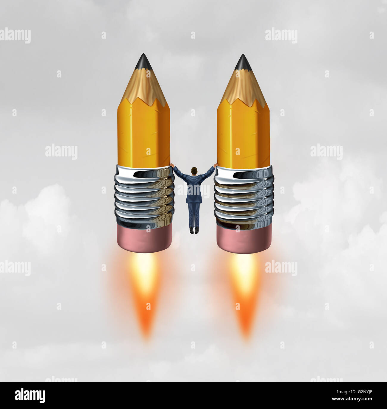 Kreative Rakete Geschäftskonzept als Geschäftsmann hält zwei Bleistifte mit Raketentriebwerk Flammen wackeln nach oben in Richtung Erfolg mit 3D Abbildung Elemente. Stockfoto