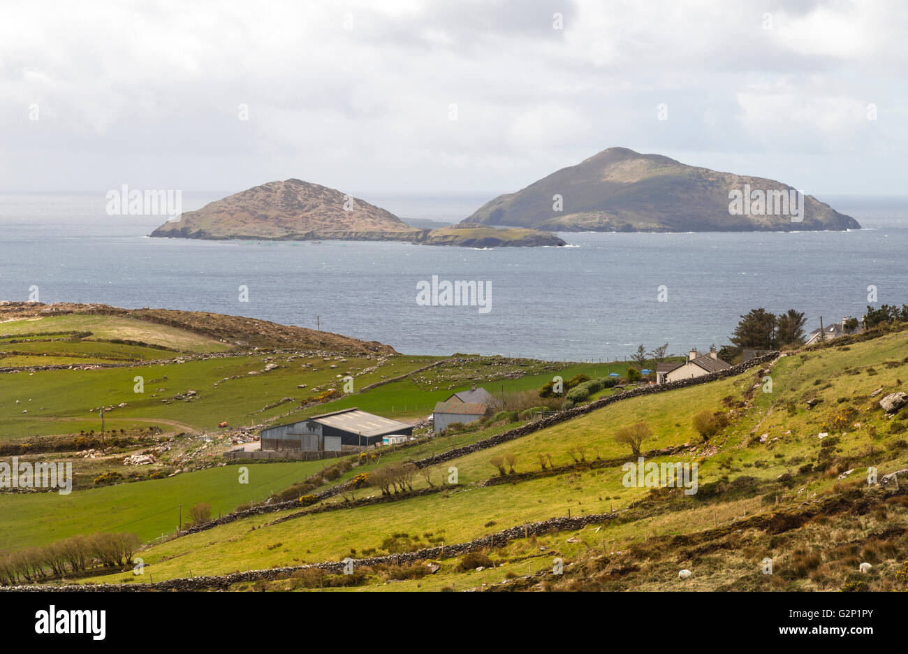 Eine malerische Aussicht entlang der Ring of Kerry auf Scariff und Deenish Inseln im Nordatlantik, County Kerry, Munster, Irland Stockfoto