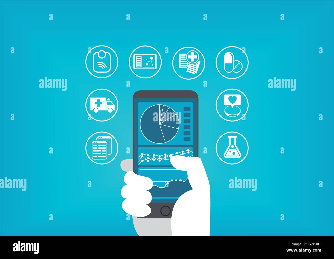 Elektronische Gesundheitswesen (e-Health) Konzept mit Hand Smartphone Zugriff digitale Krankenakten von Patienten Stock Vektor