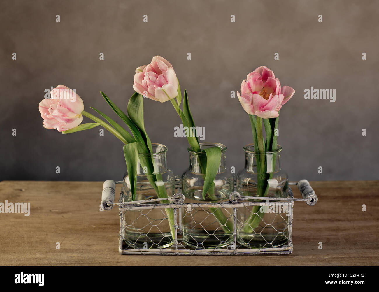 Drei schöne Pastell farbigen rosa Tulpen im Glasvasen und dekorative Metallkorb Stockfoto