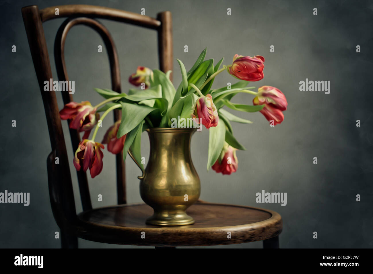 Retro-Stillleben-Illustration mit verwelkte Tulpen in Metall vase Stockfoto