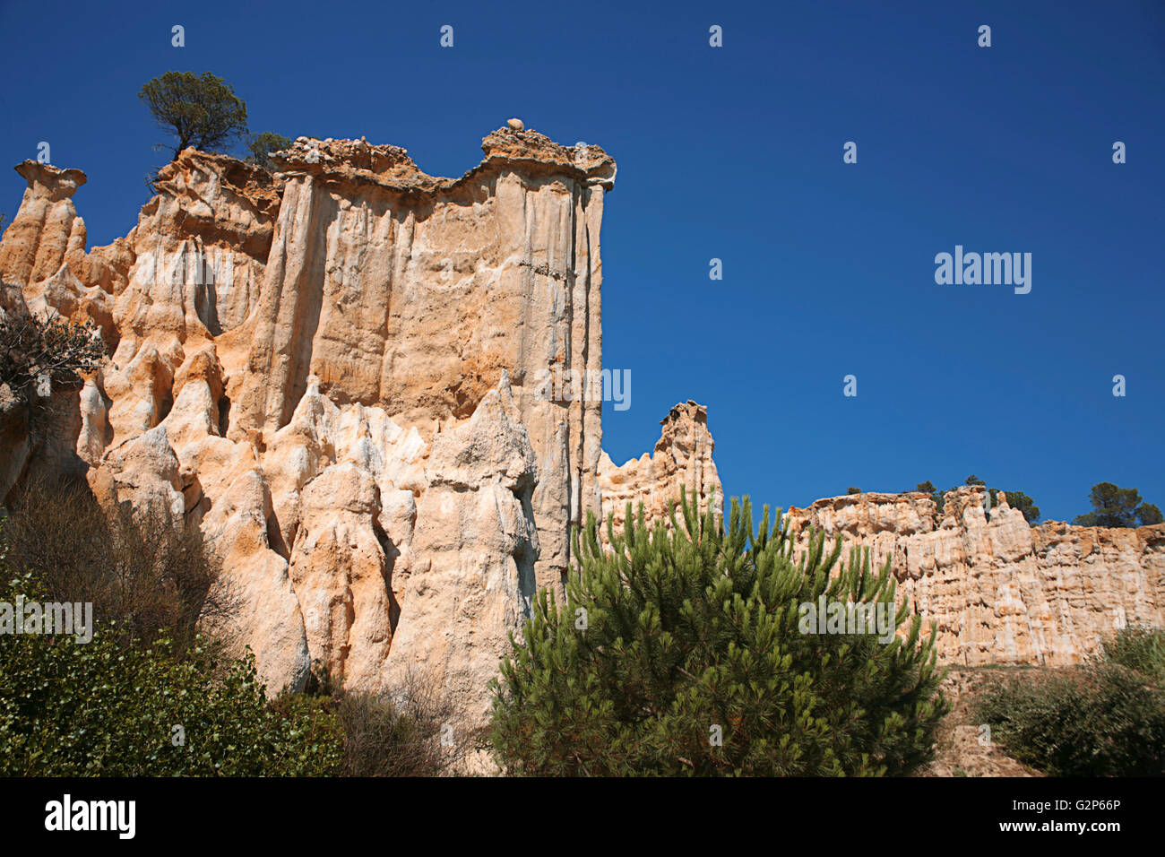 Les Orgues, Sandstein Säulen Erosion durch Wasser und Wind, Ille-sur-Têt, Pyrénées-orientales, Royal, Frankreich Stockfoto