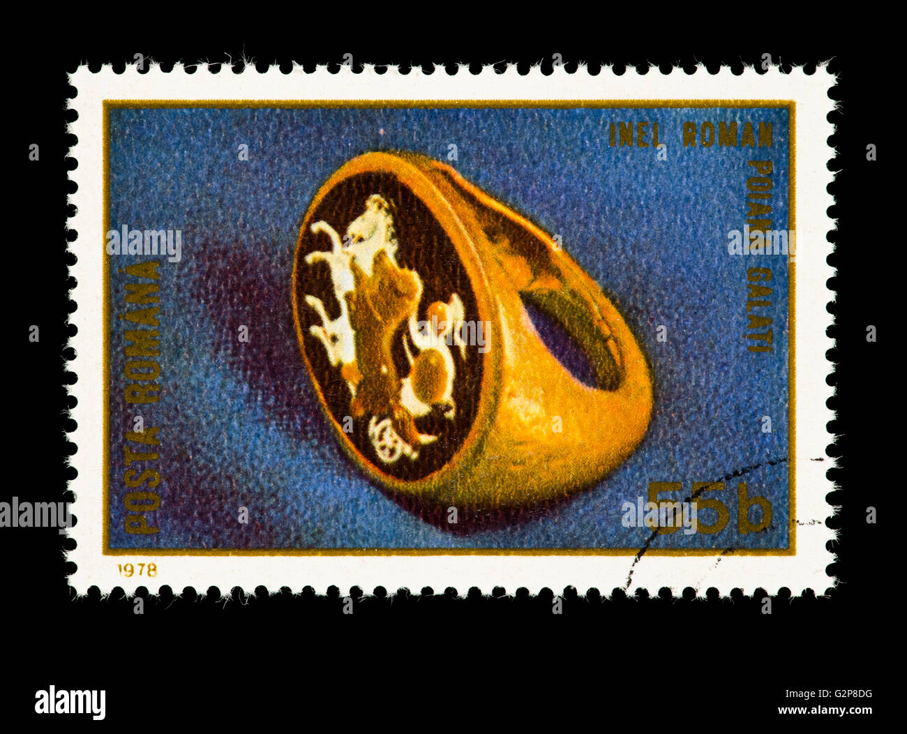 Briefmarke aus Rumänien mit einem gold Cameo Ring von Dako-römischen archäologischen Schätze. Stockfoto