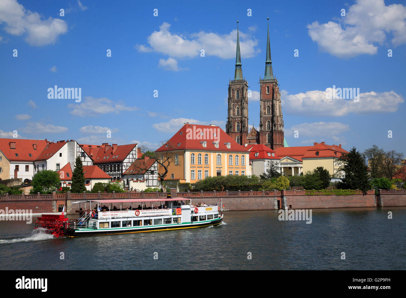 Blick von der Promenade über Fluß Odra auf Kathedrale Insel, Breslau, Schlesien, Polen, Europa Stockfoto