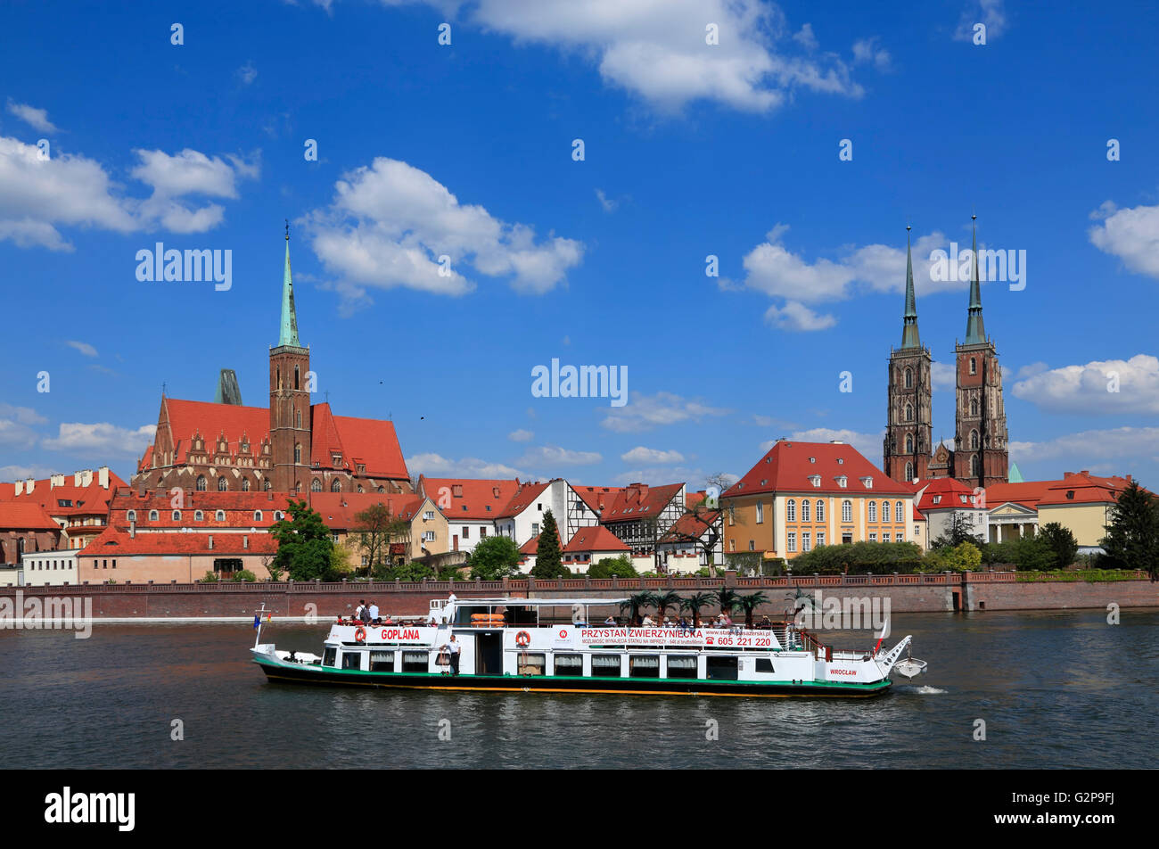 Blick von der Promenade über Fluß Odra Kathedral Insel, Breslau, Schlesien, Polen, Europa Stockfoto