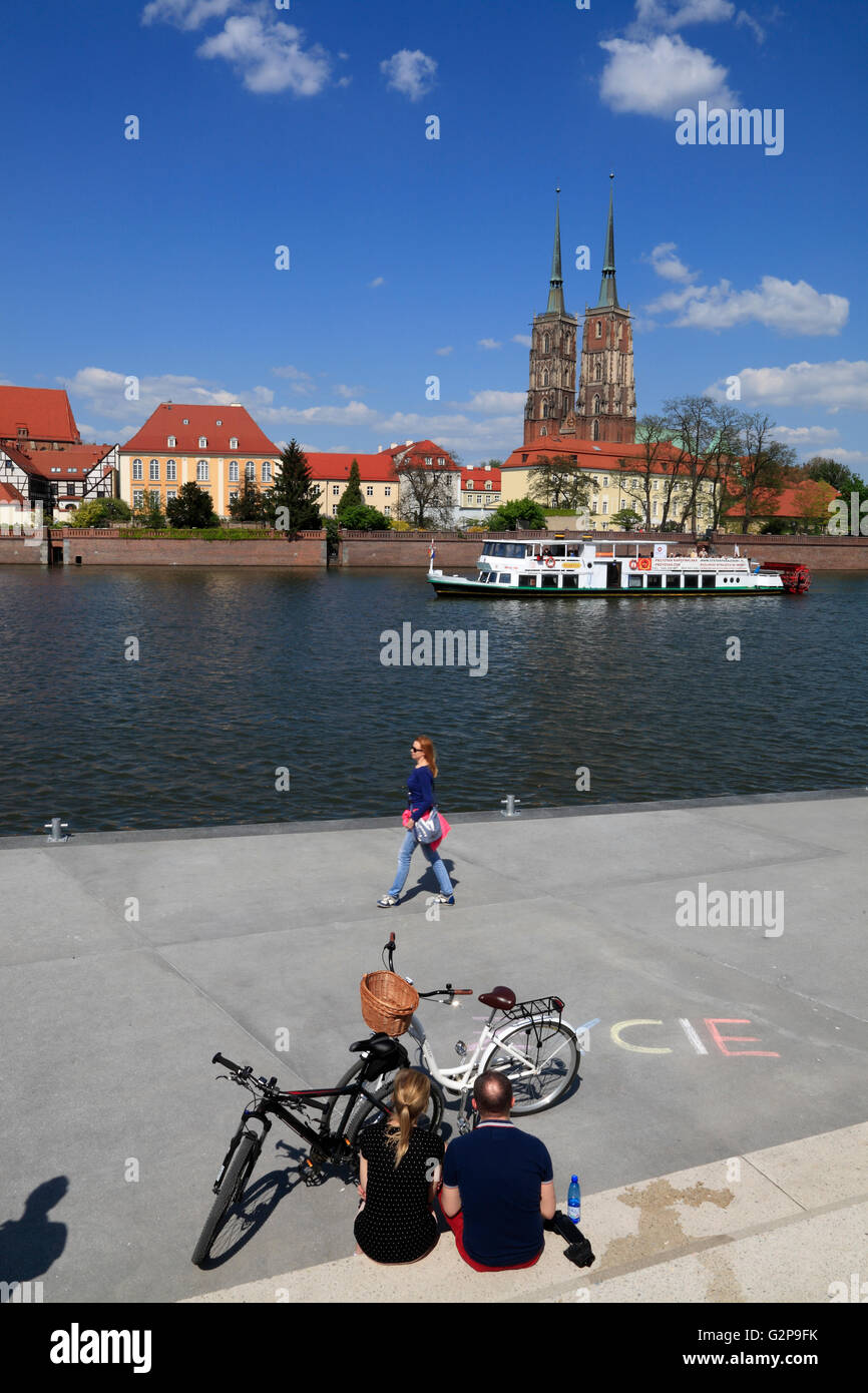 Blick von der Promenade über Fluß Odra auf Kathedrale Insel, Breslau, Schlesien, Polen, Europa Stockfoto