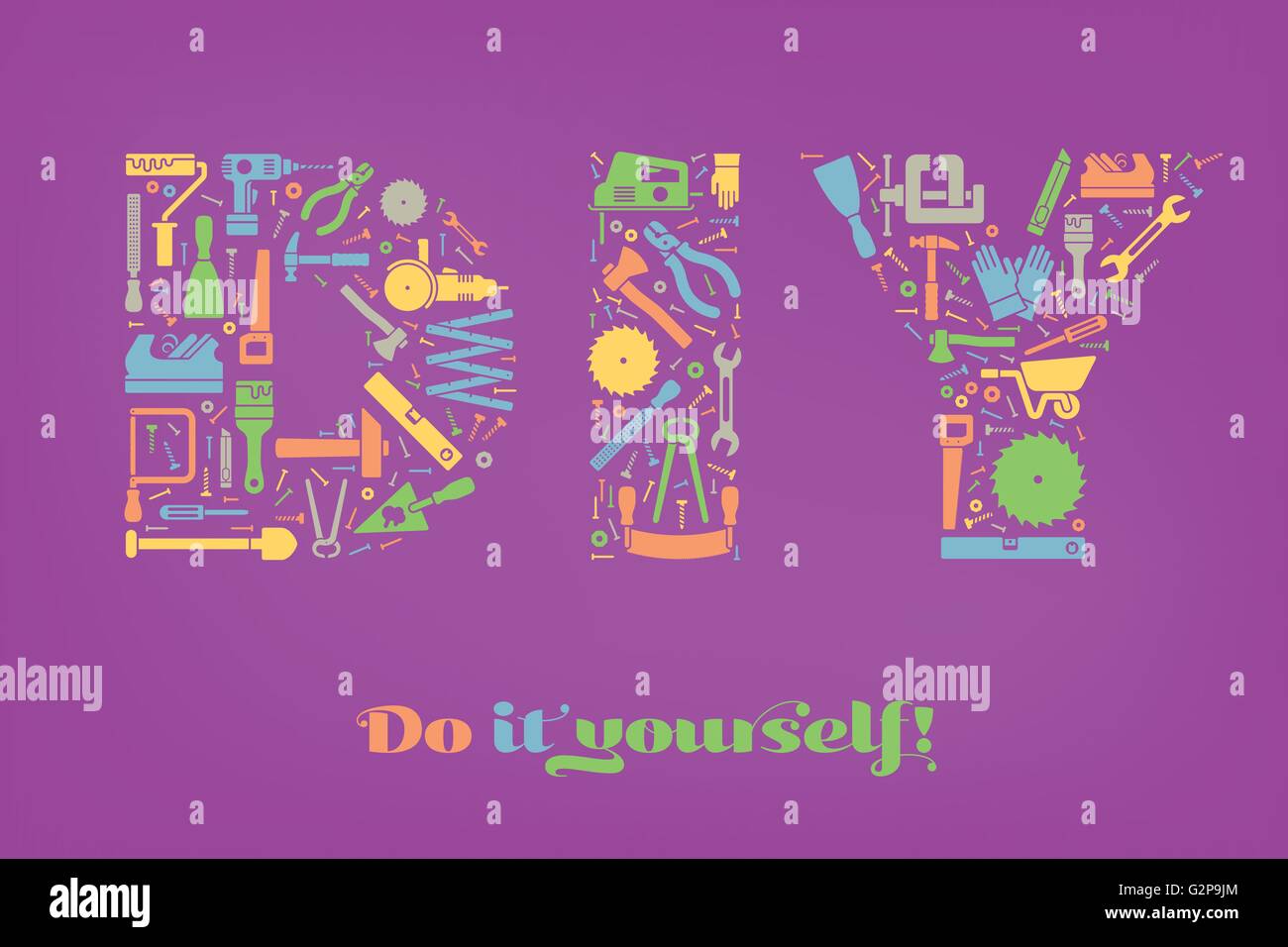 Zum Selbermachen Sie Konzept. Briefe DIY machte aus bunten Werkzeuge Symbole auf lila Hintergrund Stock Vektor