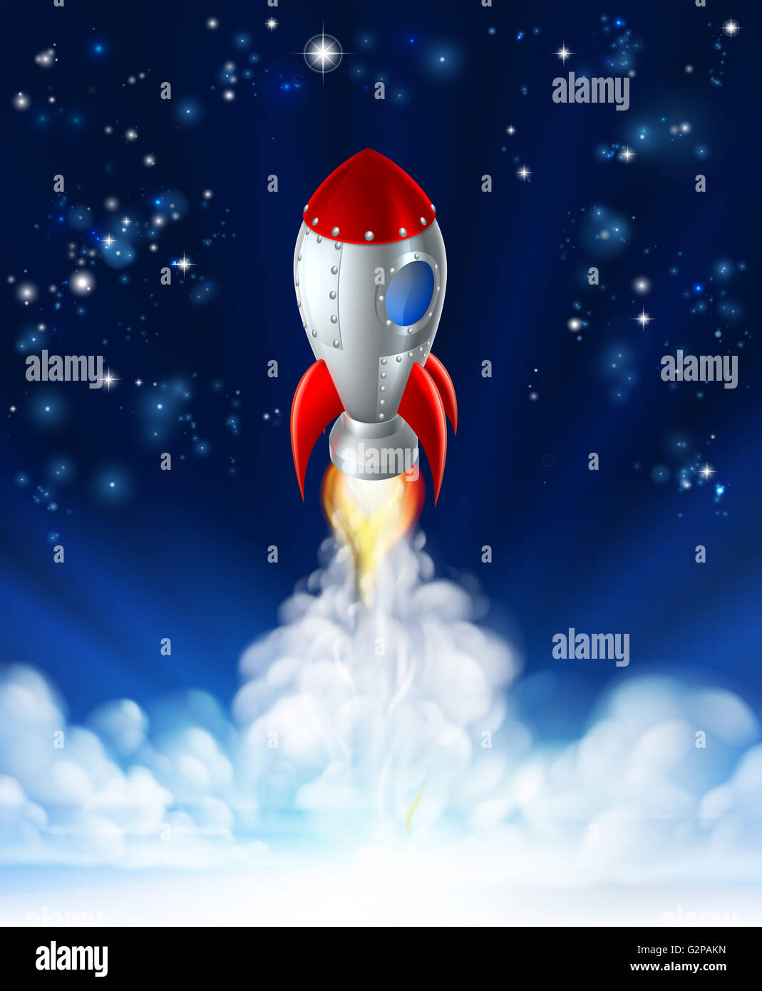 Eine Cartoon-Rakete abheben oder den Start vor einem Sternenhimmel Stockfoto