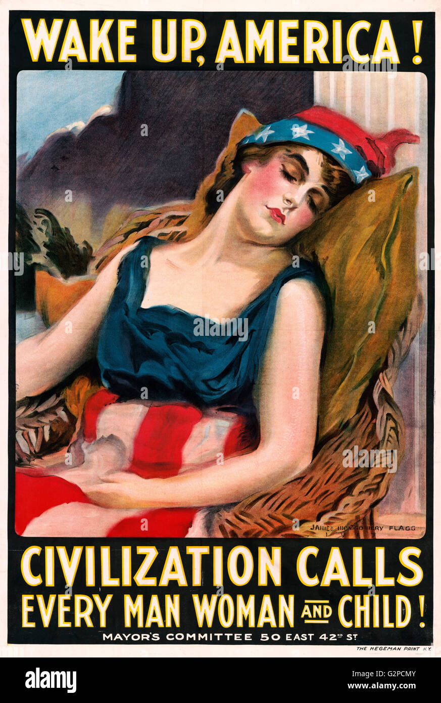 "Wach auf, Amerika! Zivilisation fordert jeden Mann Frau und Kind! ", ersten Weltkrieg Propagandaplakat drängen Amerikaner aufwachen, um die Gefahr eines Krieges in Europa. Entworfen von James Montgomery Flagg, 1917 Stockfoto