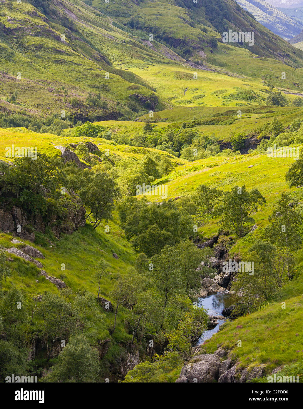 GLEN COE, Schottland - Flusses Coe und malerischen Glen im schottischen Hochland, Lochaber Region. Stockfoto