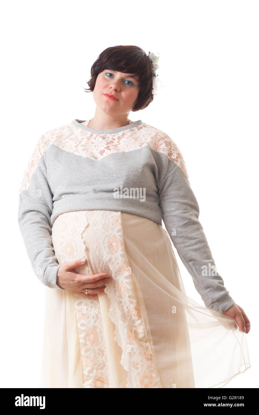 Besorgt schwangere Frau, isolierten weißen Hintergrund. Stockfoto