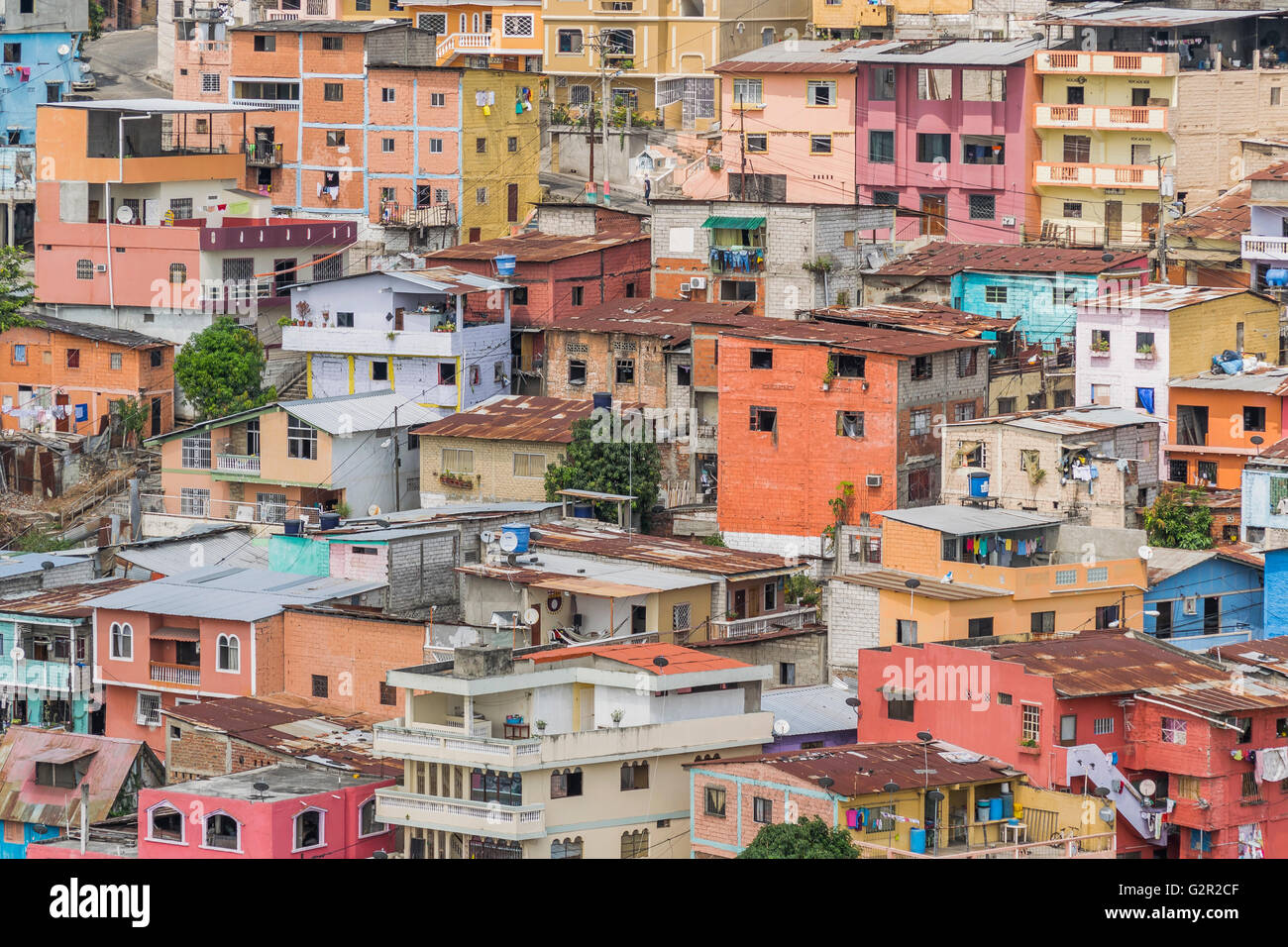 Detailansicht des malerischen bunten Armen Häusern an der Spitze eines Hügels am Cerro Santa Ana in Guayaquil, Ecuador. Stockfoto