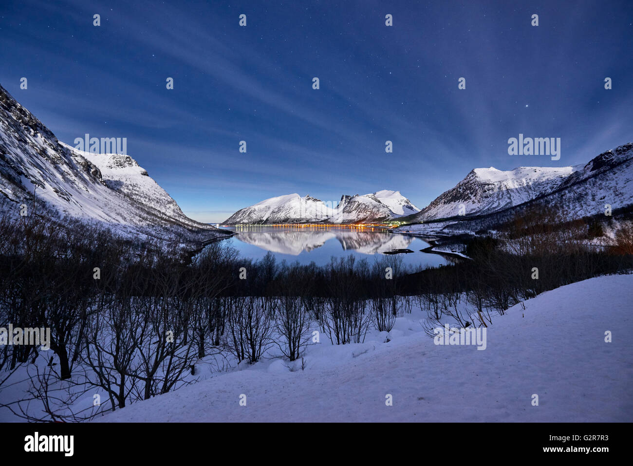 Winterlandschaft von Bergsfjorden, Nachtaufnahme bei Mondschein, Senja, Skaland, Troms, Norwegen, Europa Stockfoto