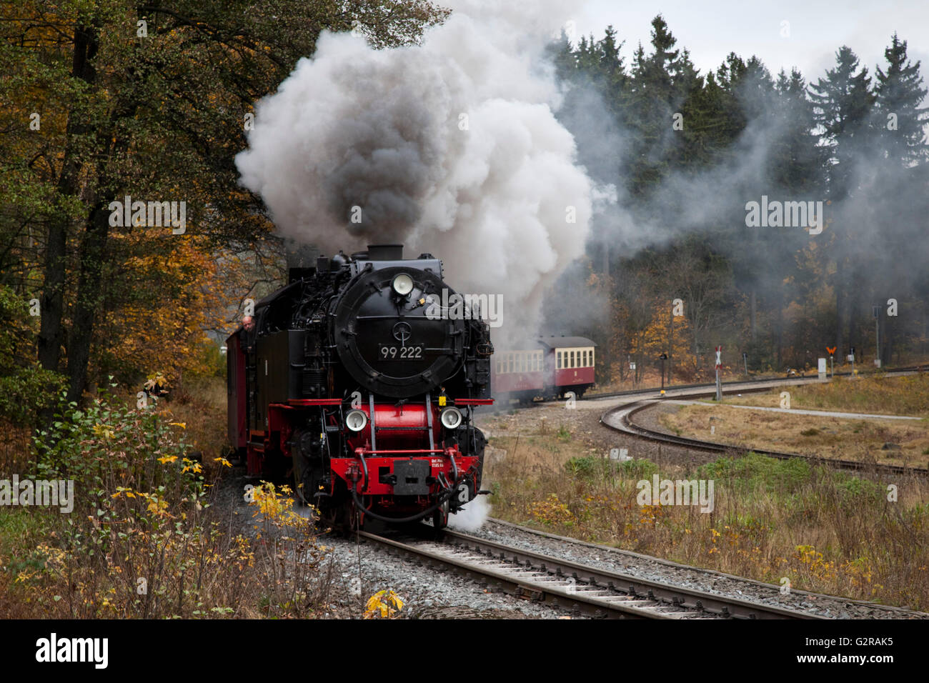 Dampf-Lokomotive und Zug der Harzer Schmalspurbahnen auf dem Weg zum Berg Brocken, Harz, Wernigerode, Sachsen-Anhalt Stockfoto