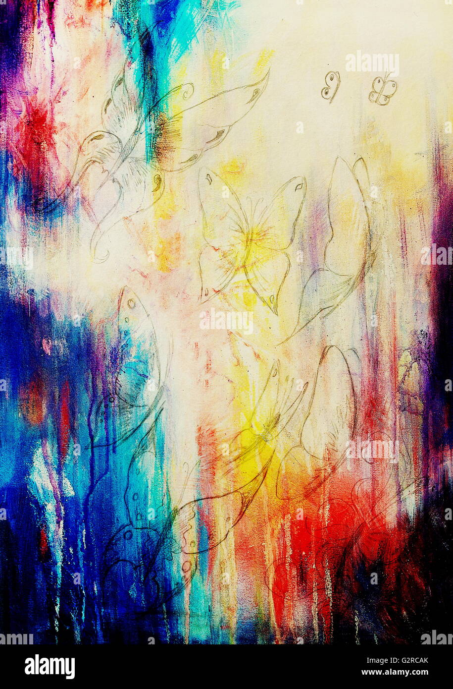 Zeichnung des Schmetterlings. Computer-Collage und Farbe Struktur. Stockfoto