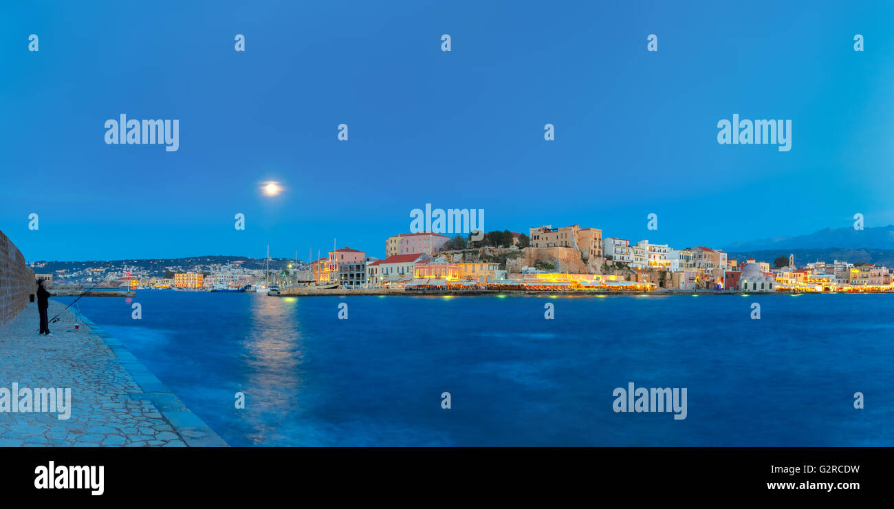 Panorama des venezianischen Nacht Kais, Chania, Crete Stockfoto