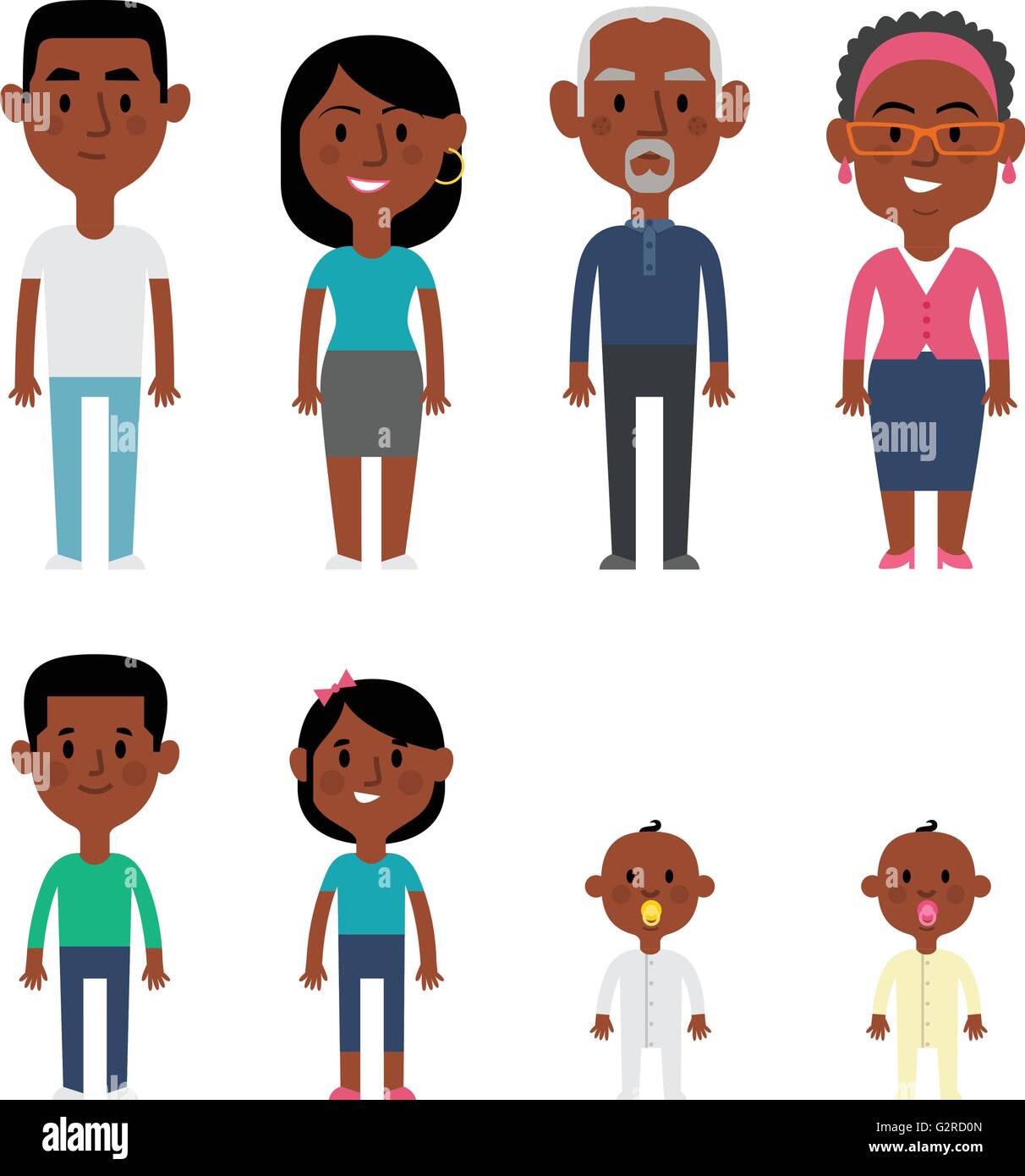 Flache Vektor afroamerikanische Familie Mitglieder. Eltern, Großeltern, Kinder und Baby Stock Vektor