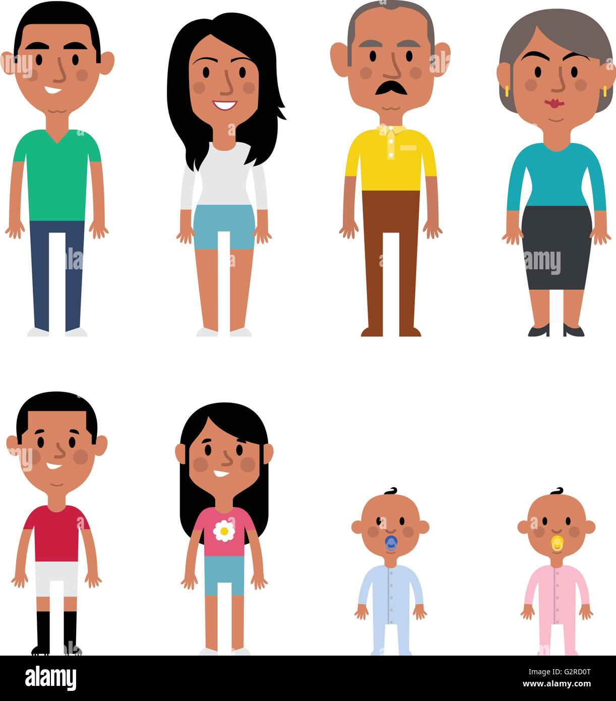 Flache Vektor hispanische Familienmitglieder. Eltern, Großeltern, Kinder und Baby Stock Vektor