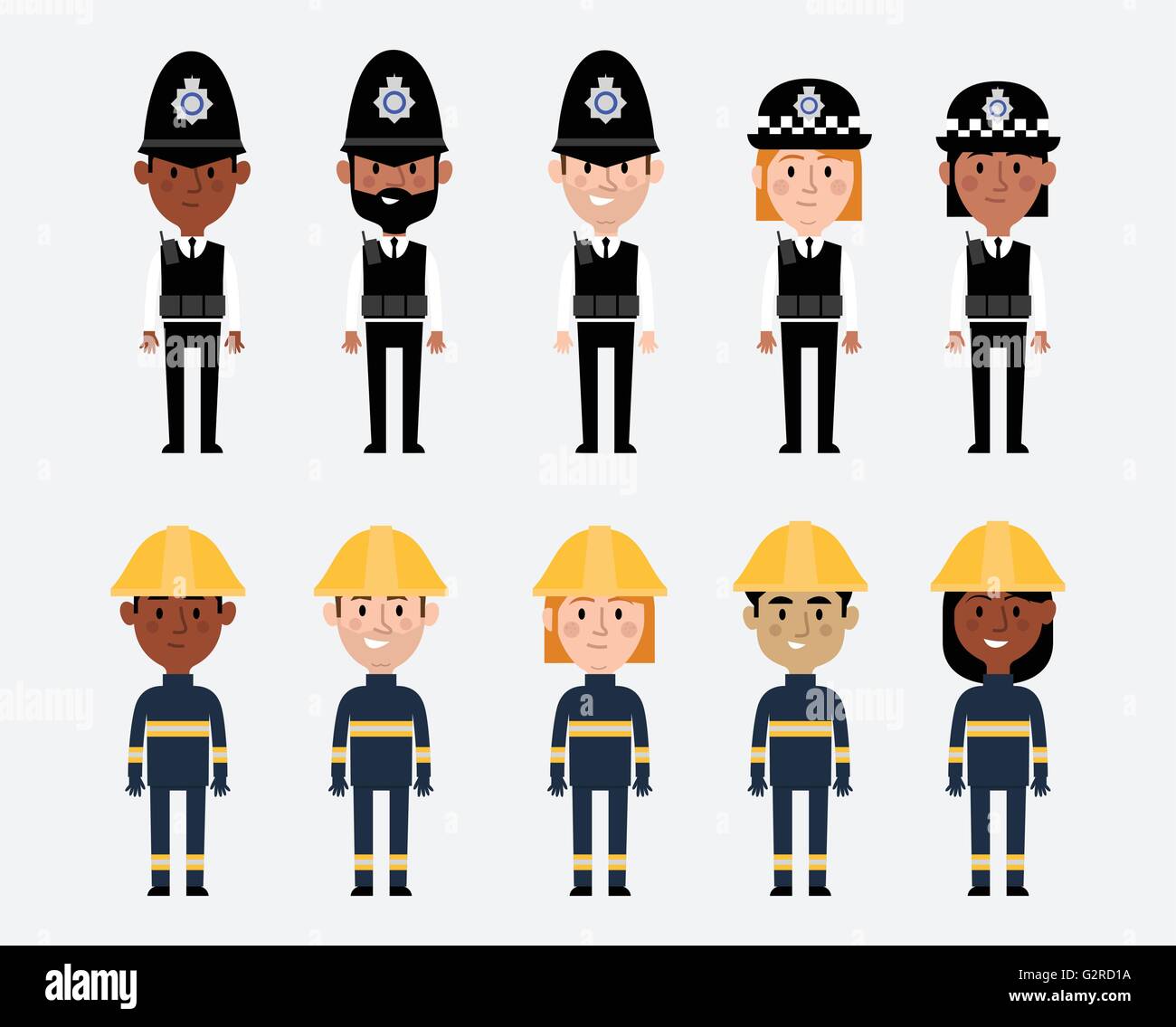 Illustrationen von Berufen im britischen Polizei und Feuerwehren Stock Vektor