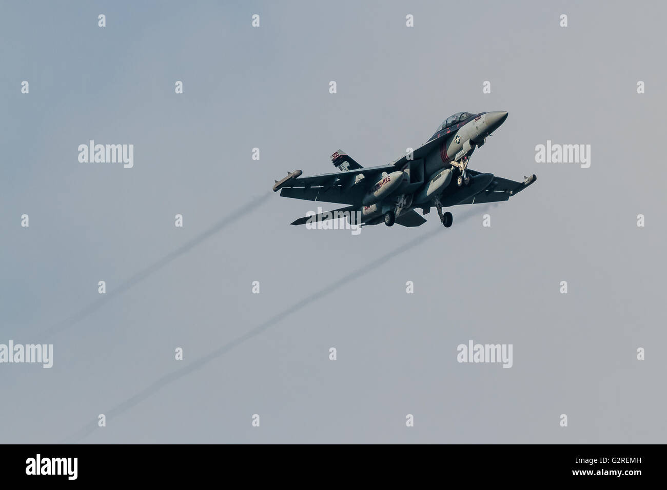 Eine Boeing EA-18G Growler Jet-Kampfflugzeug mit der VAQ-141, US Navy Electronic Attack Squadron, bekannt als die 'Shadowhawks', die über Kanagawa, Japan fliegen Stockfoto