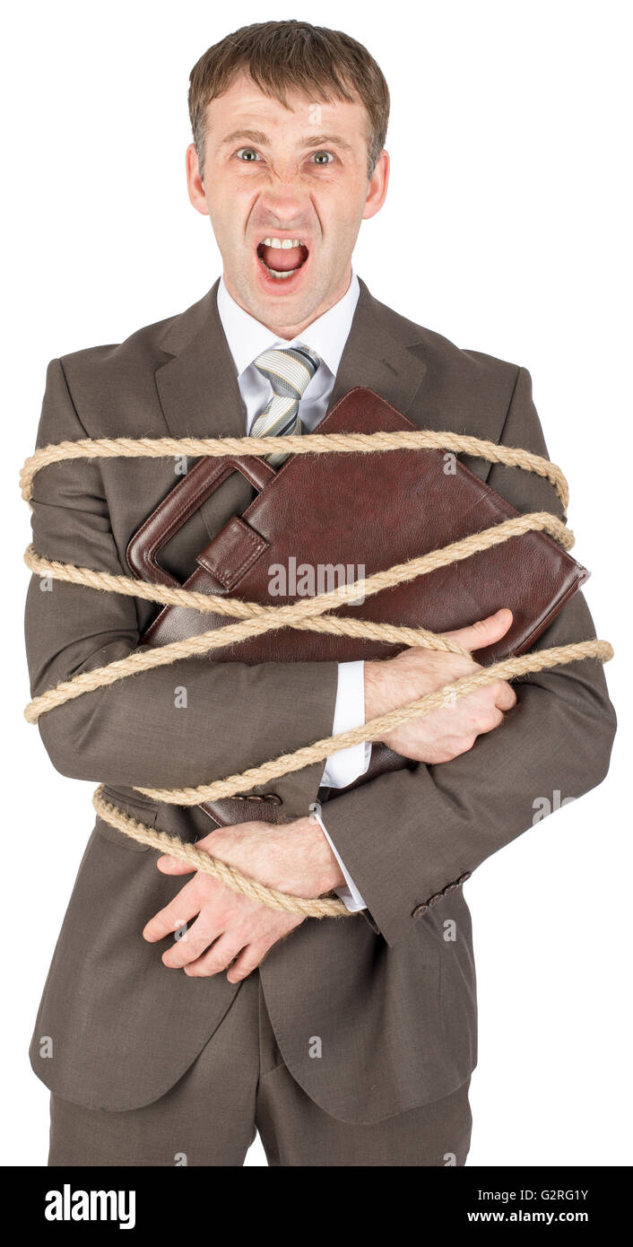 Geschäftsmann mit schreienden Seil gebunden Stockfoto
